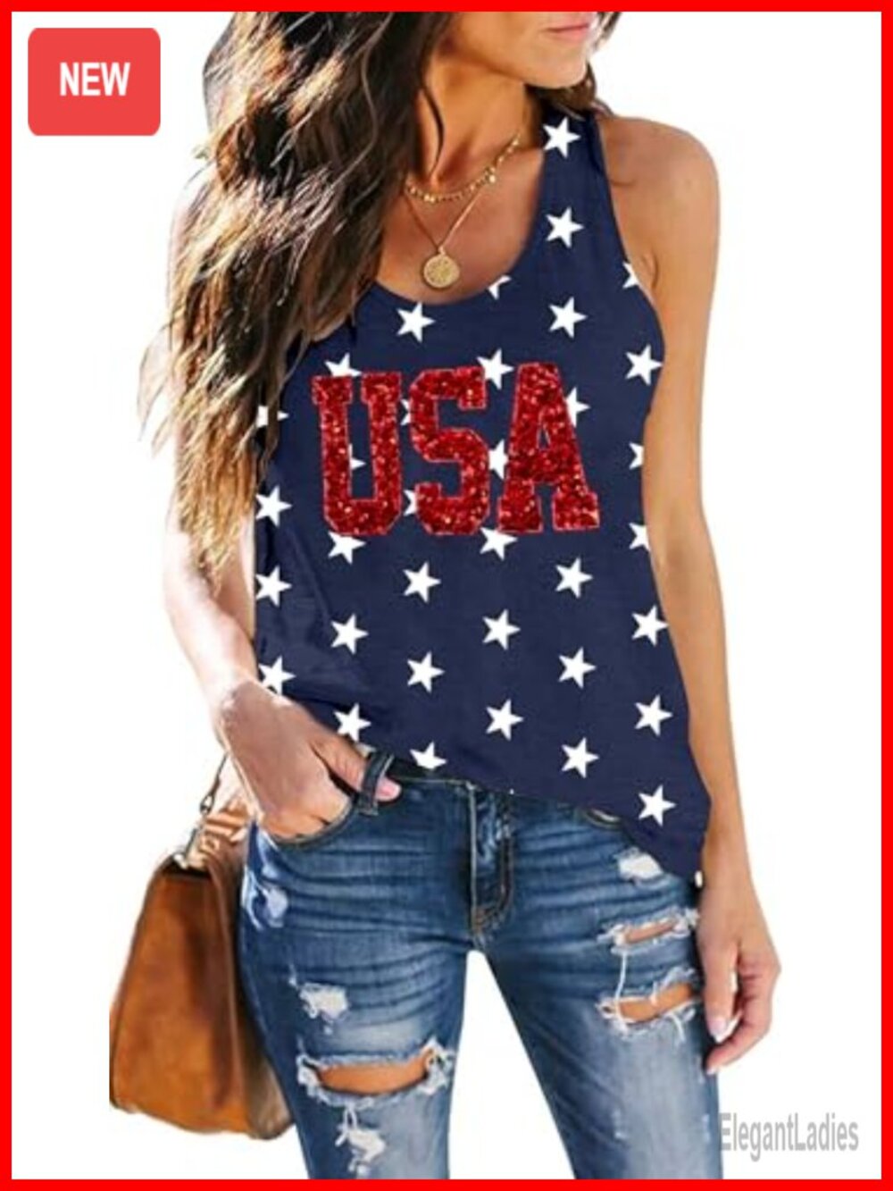 USA Flag Sequin Star Tank Top Women's Sleeveless Patriotic Summer Tee